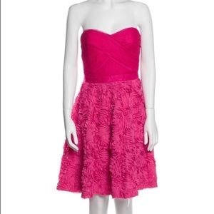 ML Monique Lhuillier Strapless Mini Dress with 3D flowers in hot pink